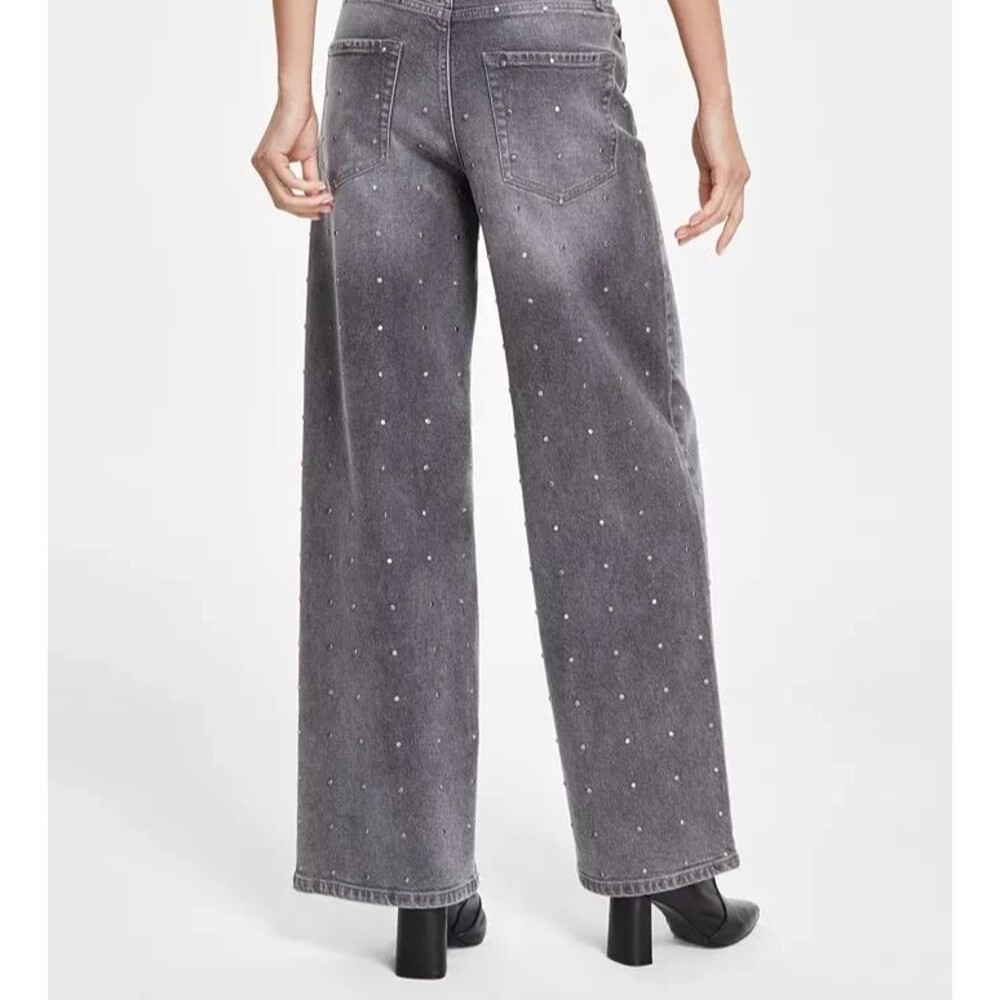 DKNY Jeans Womens Trendy High-Rise Rhinestone Wide-Leg Jeans Washed Noir Gray 25 - Picture 2 of 15